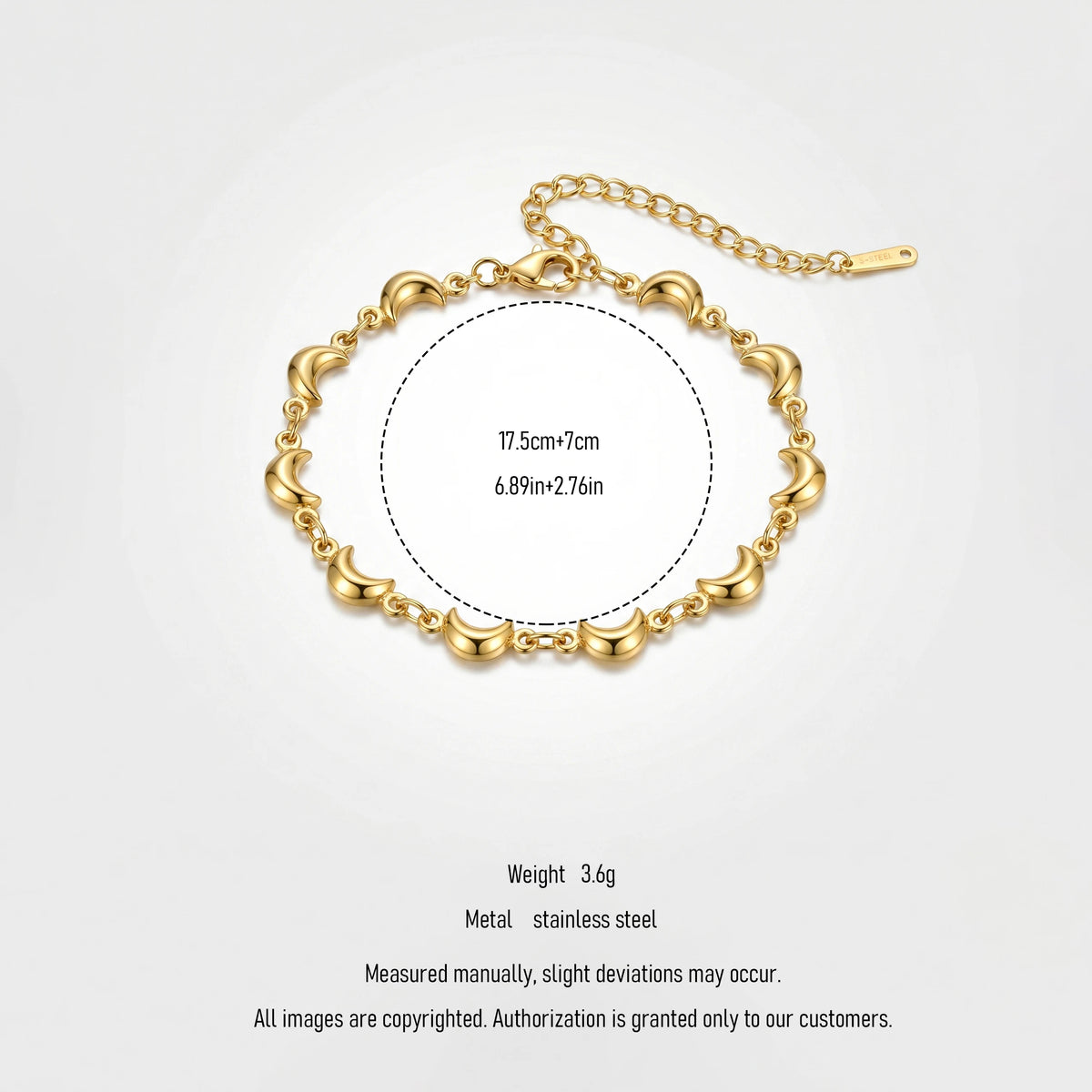 QIAOREN12059 Anti-tarnish Solid Stainless Steel Puffy Moon Charm Bracelet Lobster Clasp Stackable Gift for European Ladies