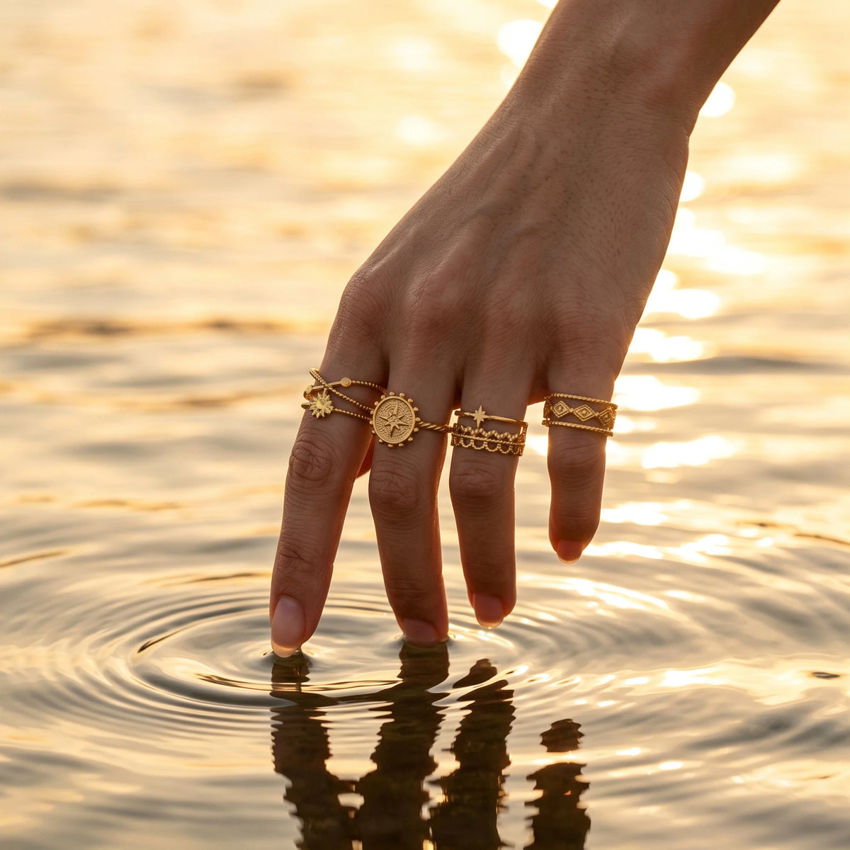 QIAOREN 13081-85 Stainless Steel Adjustable Boho Open Ring Set Compass Star Stackable Finger Rings for Women
