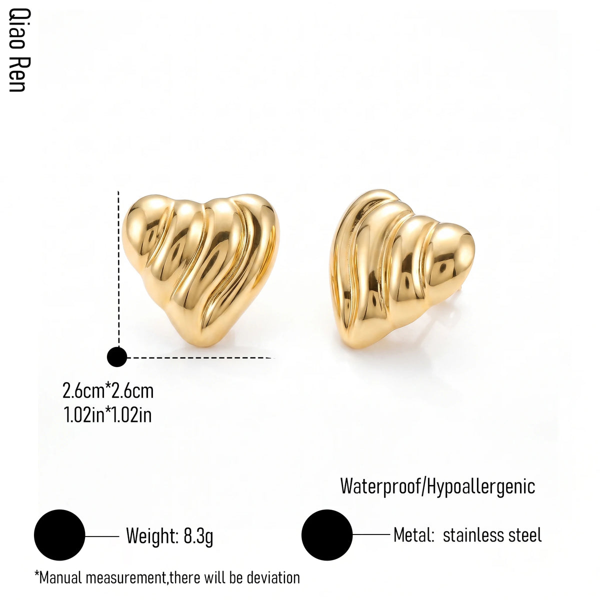 QIAOREN 14554 Stainless Steel Heart Stud Earrings Gold Tone Love Earrings Minimalist Fashion Jewelry Waterproof Hypoallergenic