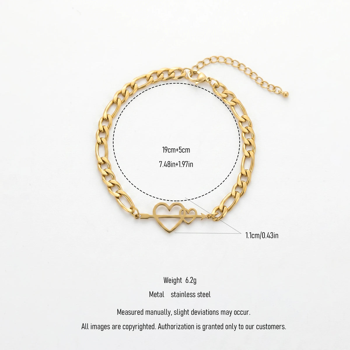 QIAOREN 11737 18K Gold Plated Stainless Steel Anti-Tarnish Cupid Heart Arrow Anklet Adjustable Cuban Foot Chain