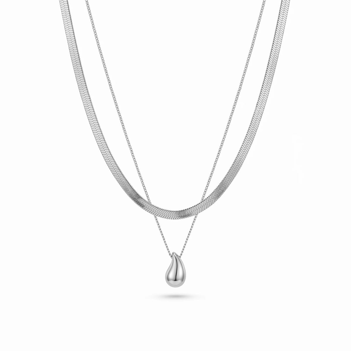 QIOAREN 12882 18K Gold Plated Herringbone Snake Chain Layered Necklace, Waterproof Tarnish Free Teardrop Pendant Stainless Steel