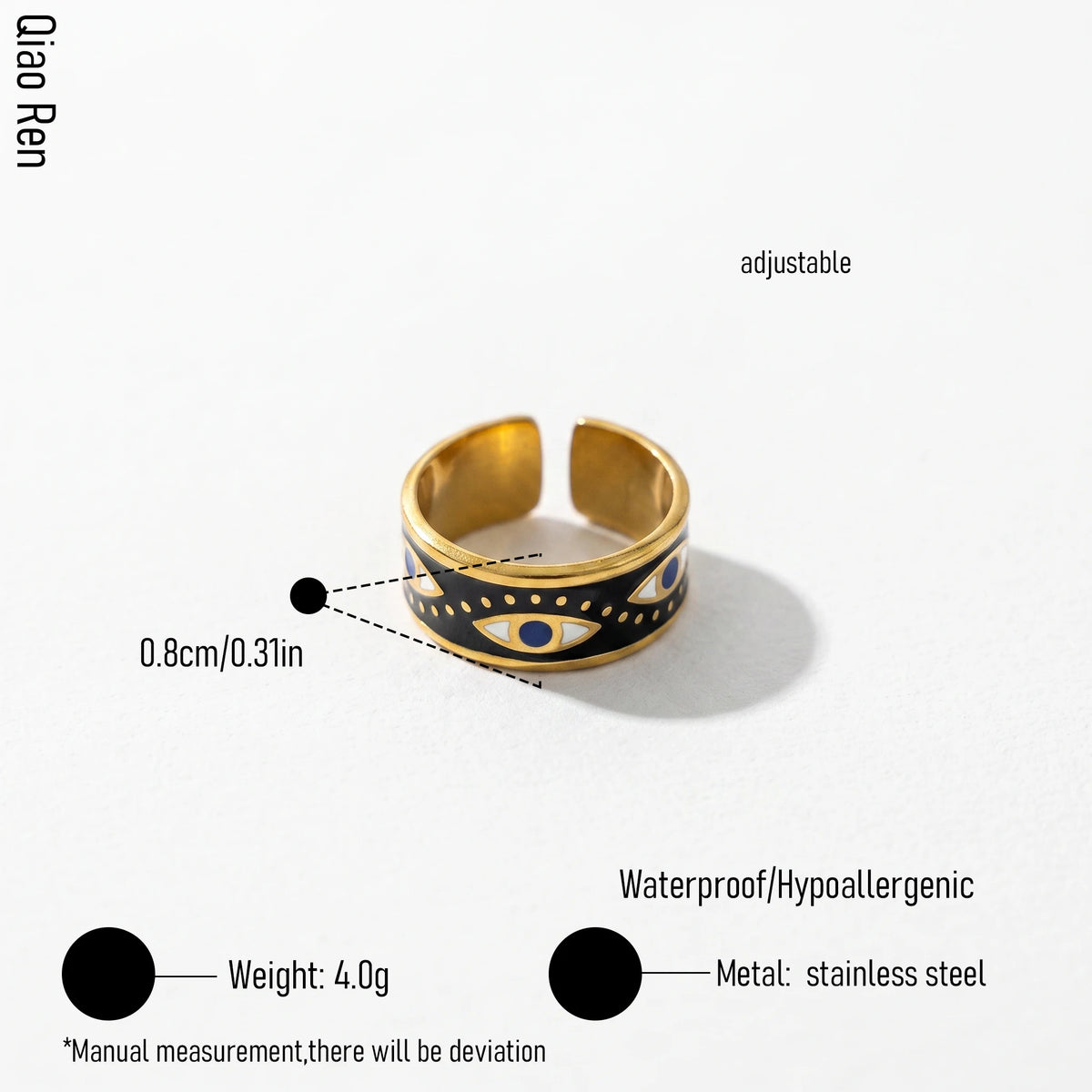 QIAOREN 14226-31 Black Enamel Irregular Wave Open Ring Set, Abstract Curved Adjustable Stackable Ring Jewelry Gift