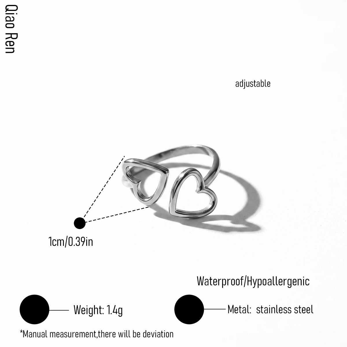 QIAOREN 14149-57 Heart Theme Stackable Open Ring Set, Multi Styles Love Shape Adjustable Ring Jewelry Gift for Daily Outfits