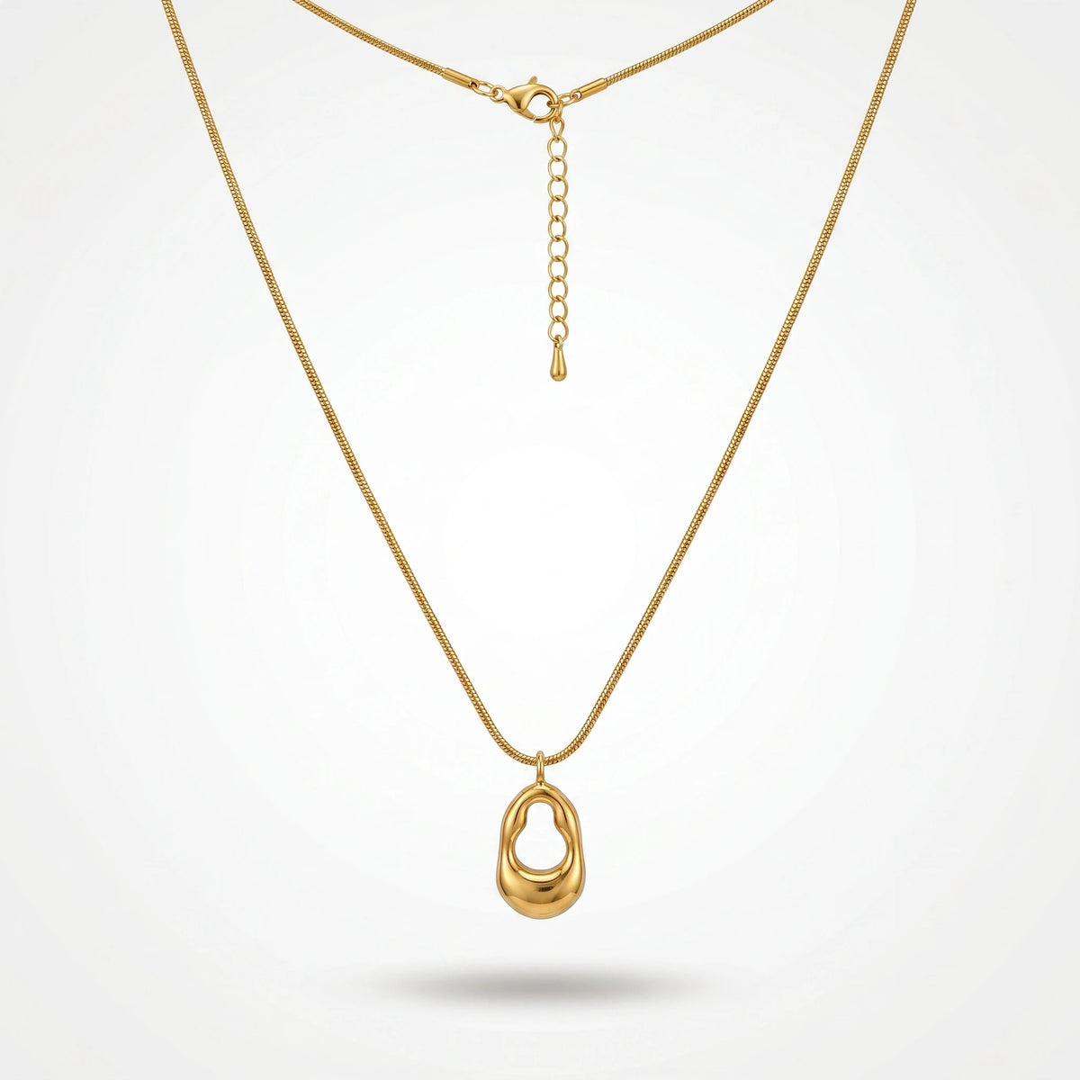 QIAOREN 11071 Stainless Steel Gold Snake Chain Necklace Hollow Irregular Oval Pendant Adjustable Minimalist Women Jewelry Gift