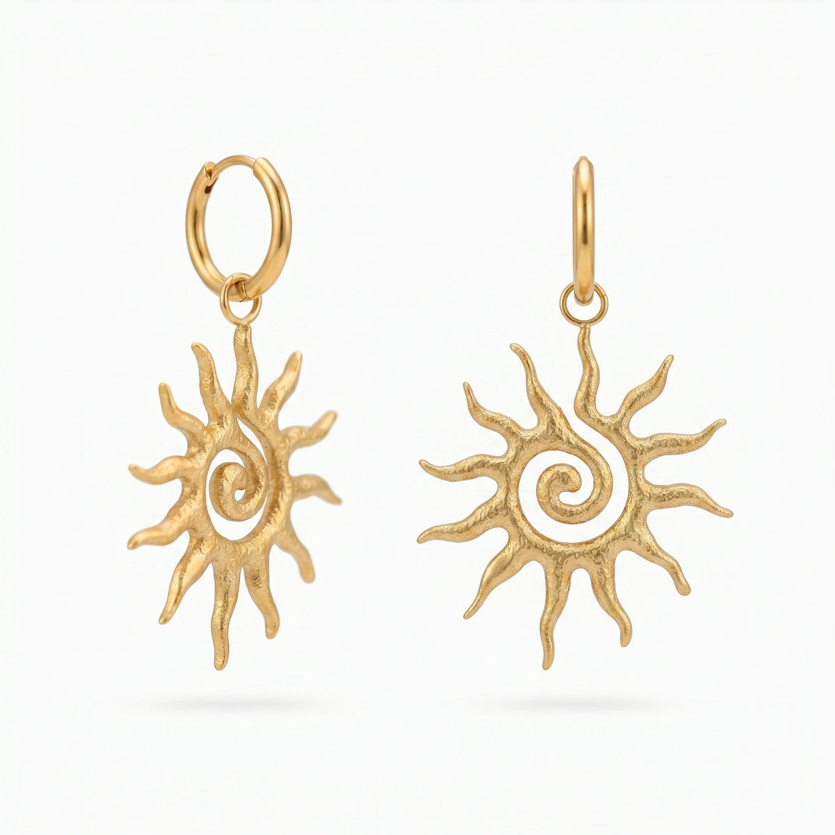 QIAOREN 10743 18K Gold Plated Stainless Steel Sun Spiral Hoop Earrings, Hypoallergenic Bohemian Sunburst Drop Earrings for Women