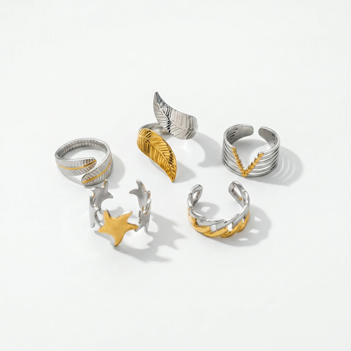 QIAOREN 12964-67 Gold Plated Stainless Steel Two Tone Snake Star Adjustable Rings Set Tarnish Free Waterproof Jewelry
