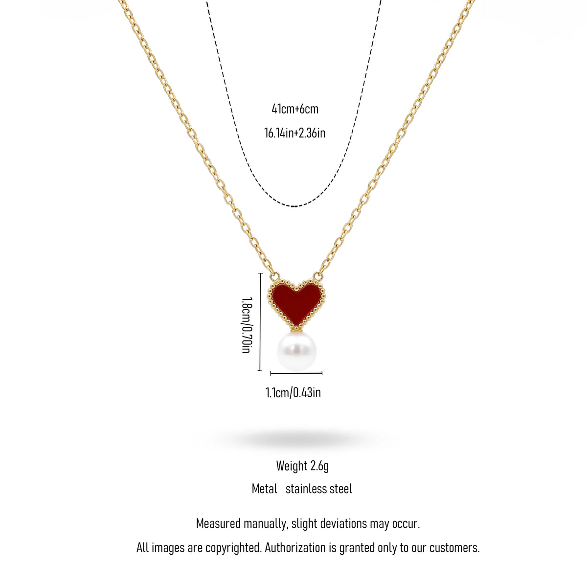 QIAOREN 13751 Thin Oval Link Chain Pendant Necklace with Beaded Border Red Enamel Heart Charm Hanging Single White Pearl