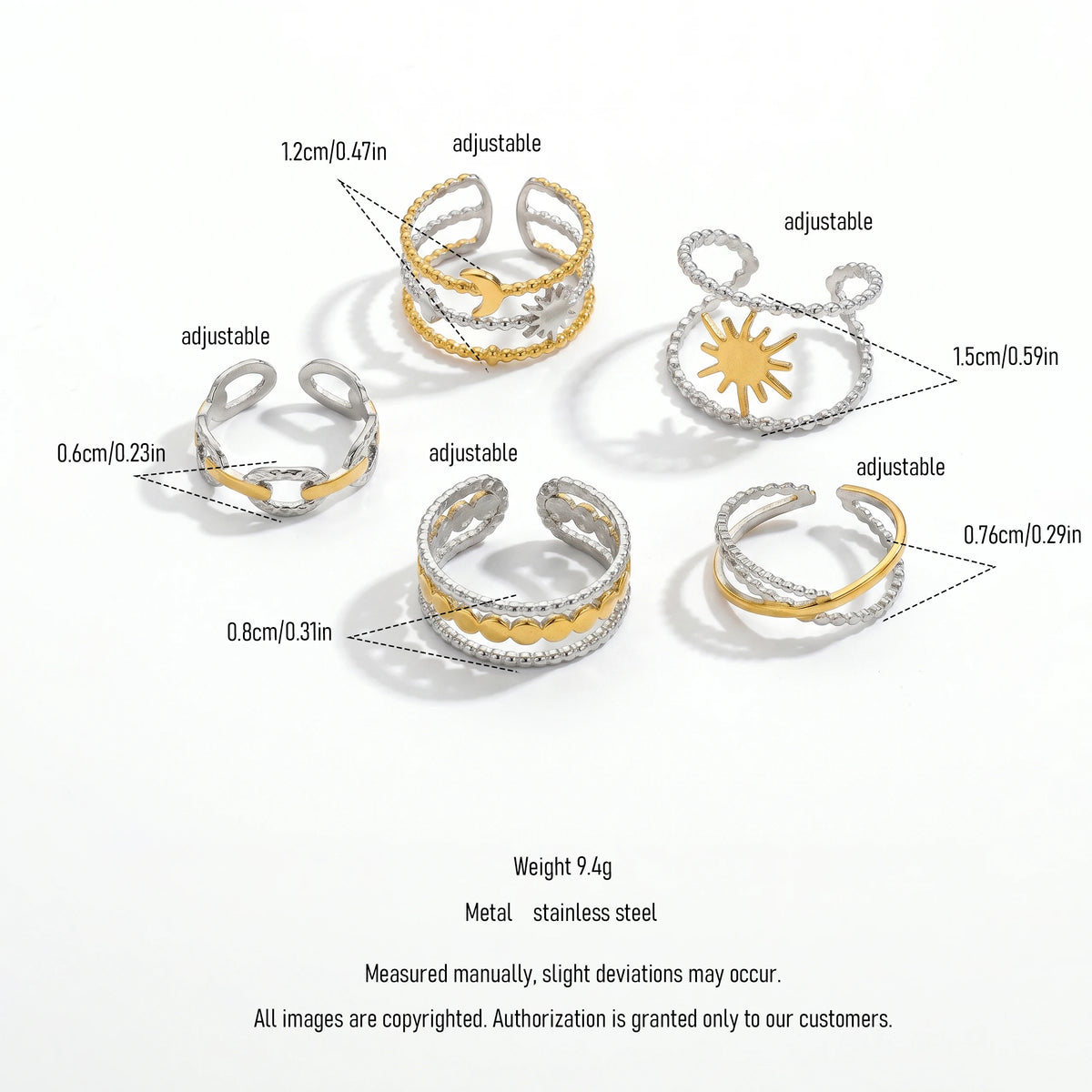 QIAOREN 13036-40 Gold Silver Plated Adjustable Open Stack Ring Set for Women Minimalist Geometric Statement Rings