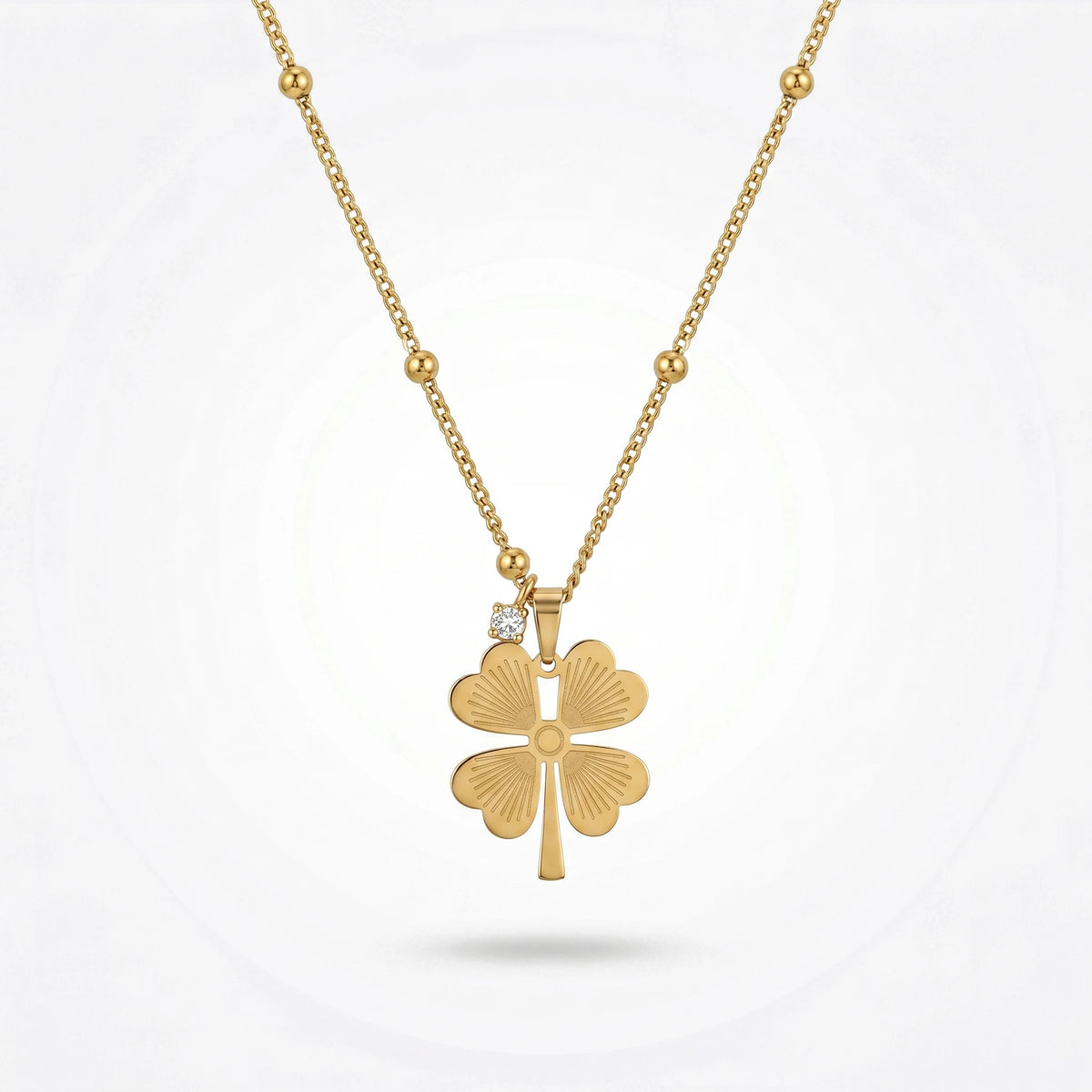 QIAOREN 12896 18K Gold Plated Four Leaf Clover Necklace, Waterproof Tarnish Free Stainless Steel Lucky Clover Satellite Chain