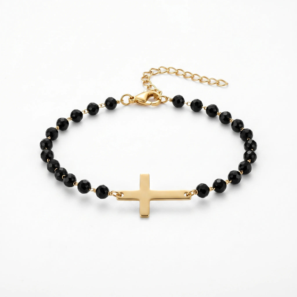 QIAOREN 12892 18K Gold Plated Sideways Cross Bracelet, Waterproof Tarnish Free Stainless Steel Black Bead Rosary Jewelry Women