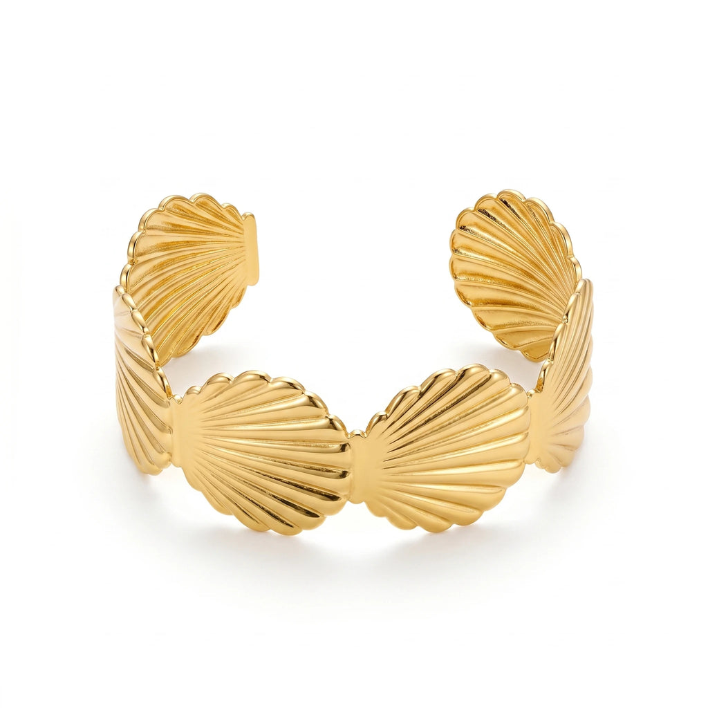 QIAOREN 12725 Nautical Embossed Fan Shell Wide Cuff Bangle Hypoallergenic Stainless Steel Gold Bracelet Vacation Birthday Gift