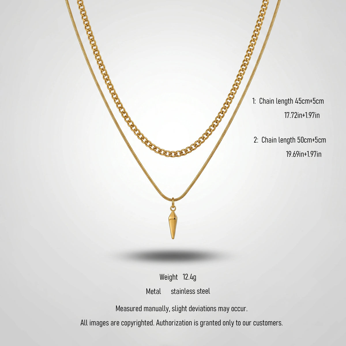 QIAOREN 10794 Layered Chain Spike Pendant Necklace 18K Gold Plated Stainless Steel Waterproof Non-Tarnish Unisex Gift Jewelry