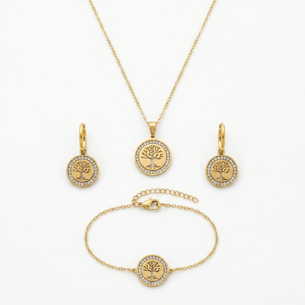 QIAOREN 11585 Waterproof 18K Gold Plated Stainless Steel Tree of Life Jewelry Set for Women Daily Wear 3 Piece