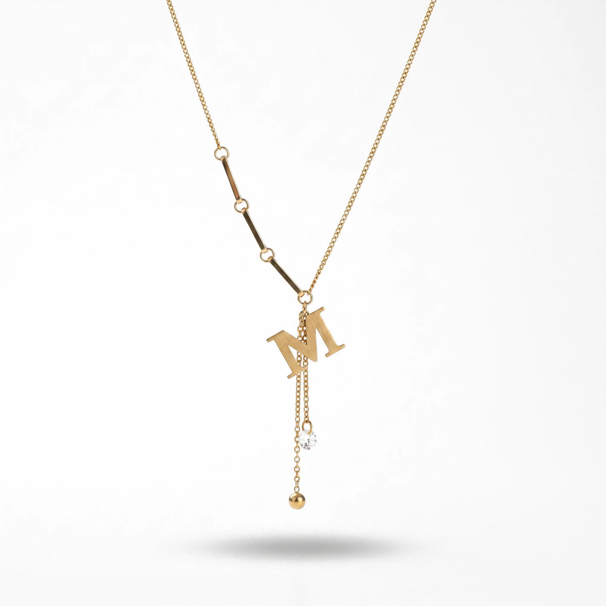 QIAOREN 13991 Mixed Link Y Drop Lariat Necklace with Matte Letter M Charm, Round Bezel Set CZ and Smooth Ball Ends
