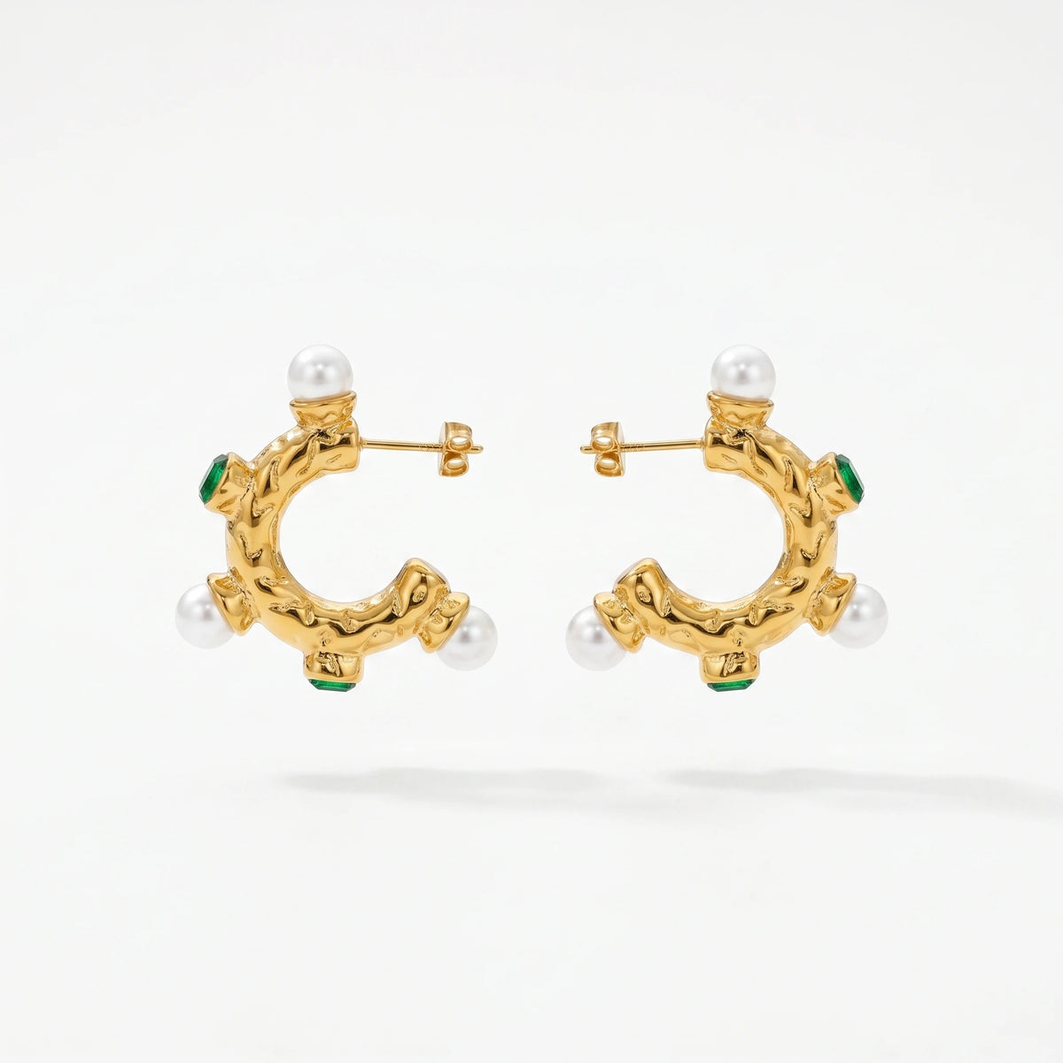 QIAOREN 12509 Elegant Quiet Luxury Molten Pearl Emerald Green Zircon Hoops Stainless Steel Vintage Statement