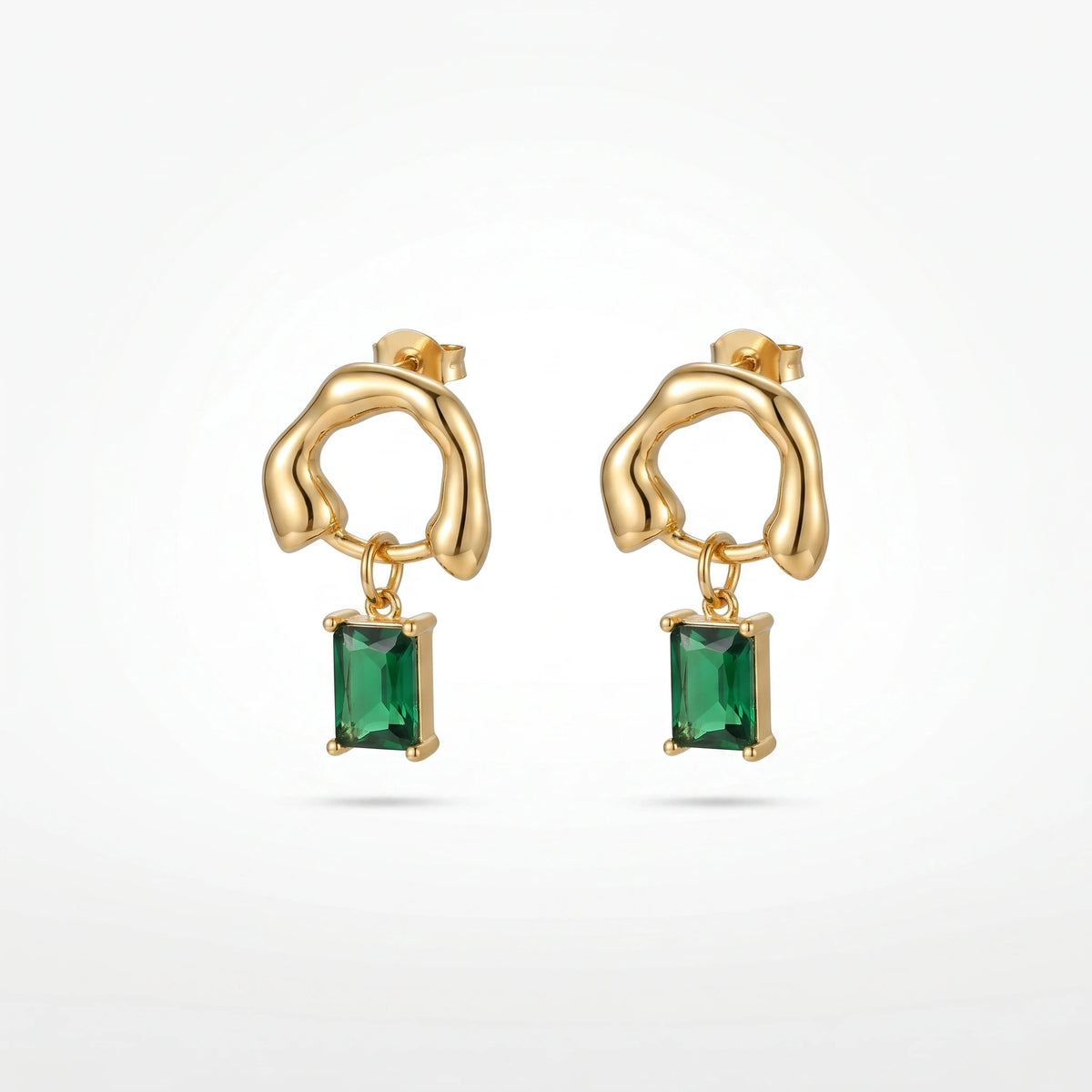 QIAOREN 12429 Organic Geometric Emerald Green Zircon Rectangle Pendant Gold Stainless Steel Statement Earrings