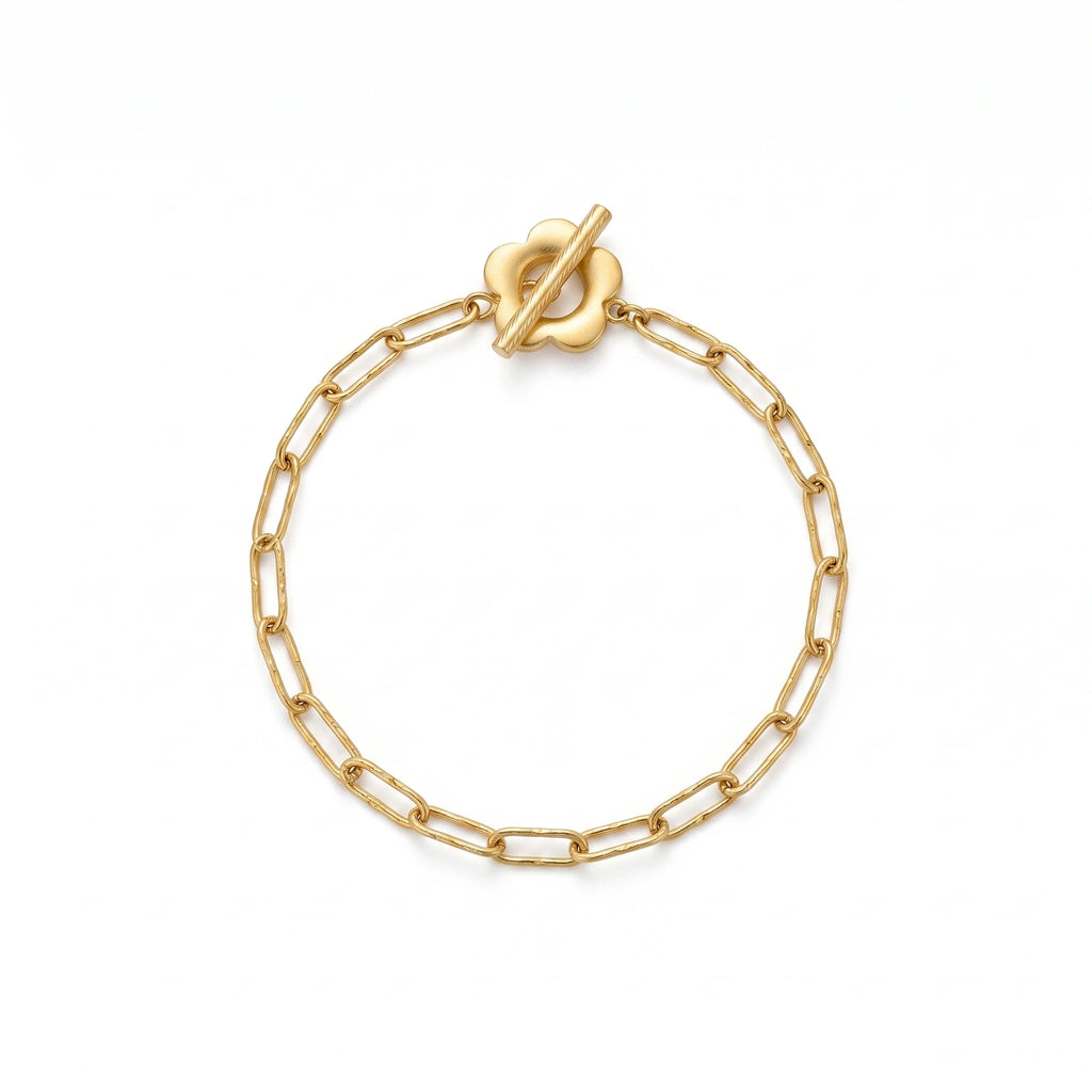 QIAOREN 13971 Stainless Steel Paperclip Chain Bracelet Gold Flower Toggle Clasp Minimalist Charm Bracelet for Women
