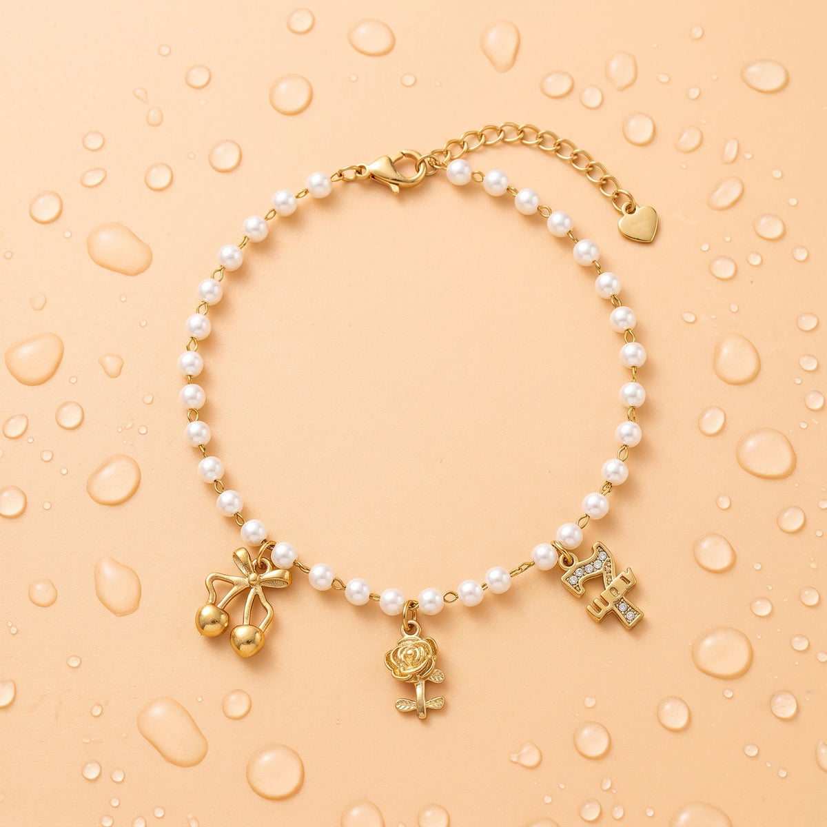 QIAOREN 13334 Coquette Pearl Anklet with Cherry Bow, Metal Rose & Rhinestone Letter Charms, Elegant Sweet Foot Jewelry Gift
