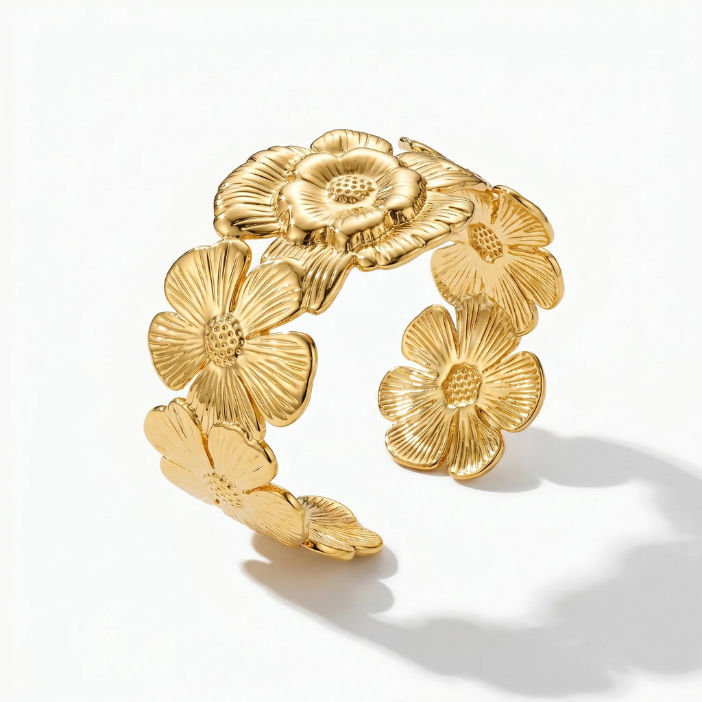 QIAOREN 12716 Vintage Overlapping Veined Floral Wide Cuff Charm Bracelet Hypoallergenic Stainless Steel Gold Plated Moon Shape