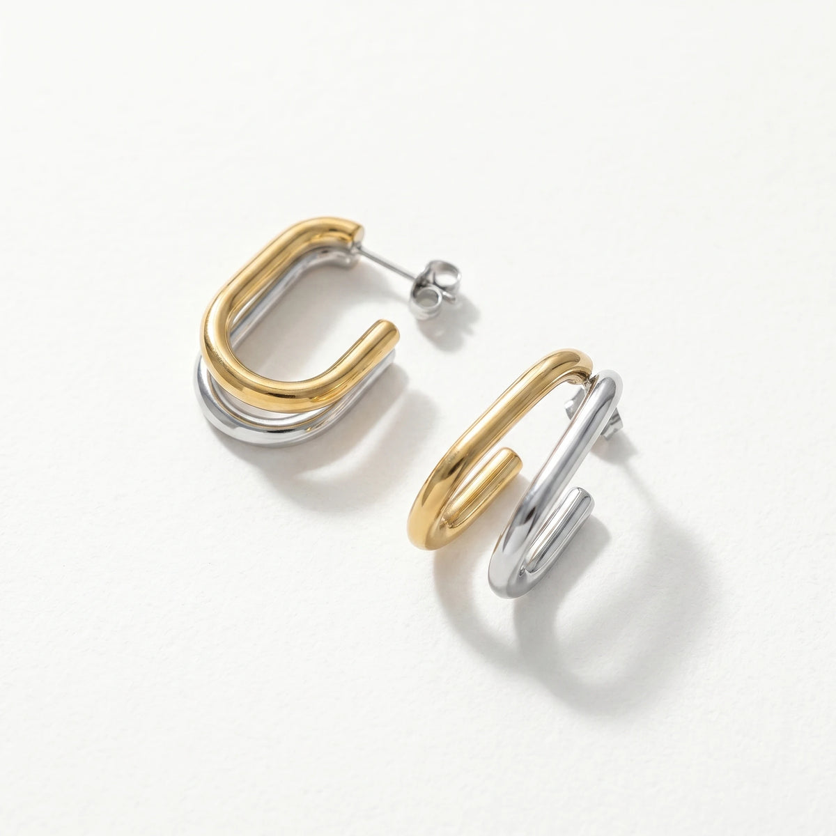 QIAOREN 12754 Minimalist Mixed Tone Double Layer Oval Earrings Stainless Steel Silver Gold Chunky Hoop Daily Jewelry
