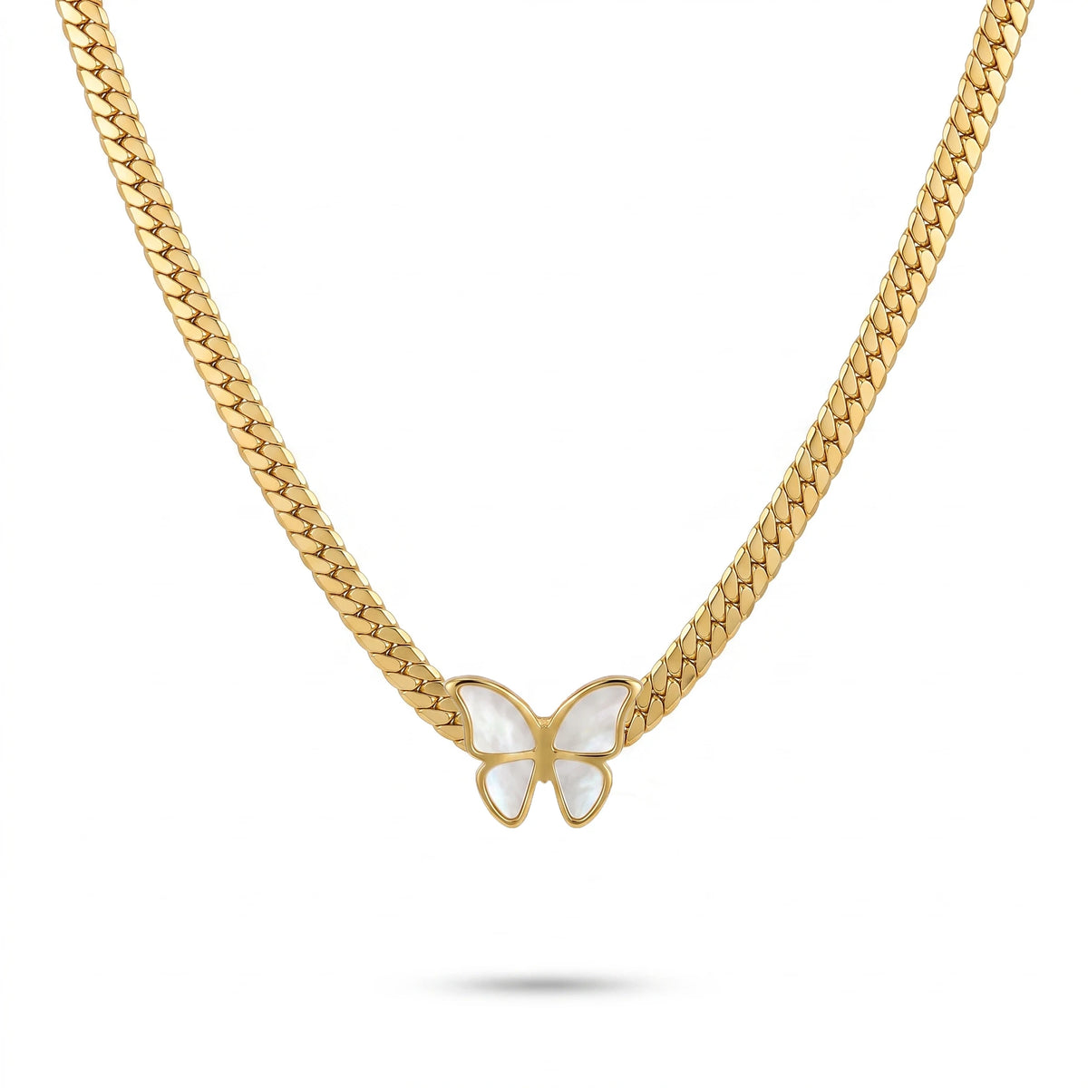 QIAOREN 13535 Flat Snake Choker Necklace with Inlaid White Shell Butterfly Pendant, Polished Wide Gold Chain