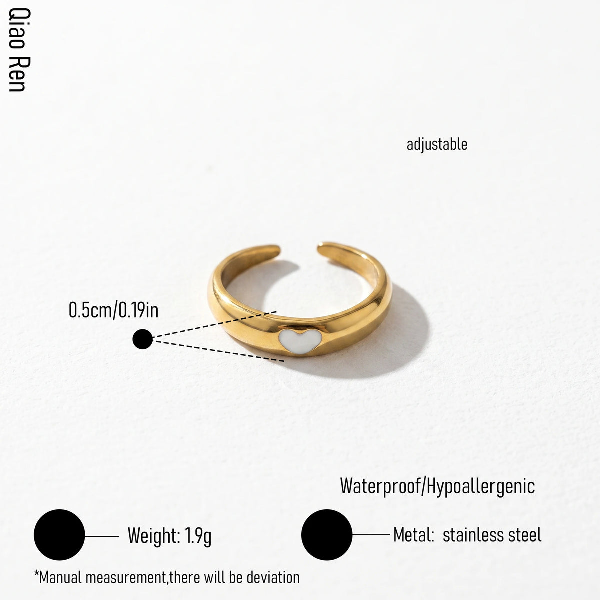 QIAOREN 14165-68 Heart & Sun Pattern Open Ring Set, White Mica Enamel Inlaid Adjustable Stackable Ring Jewelry Gift