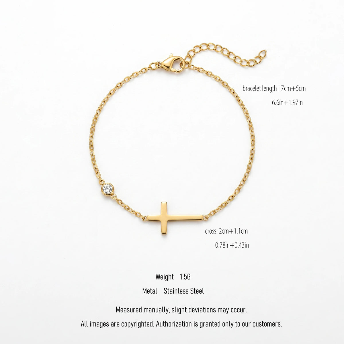 QIAOREN 10611 CZ Bezel Set Cross Charm Bracelet 18K Gold Plated Stainless Steel Waterproof Tarnish Free Jewelry for Women
