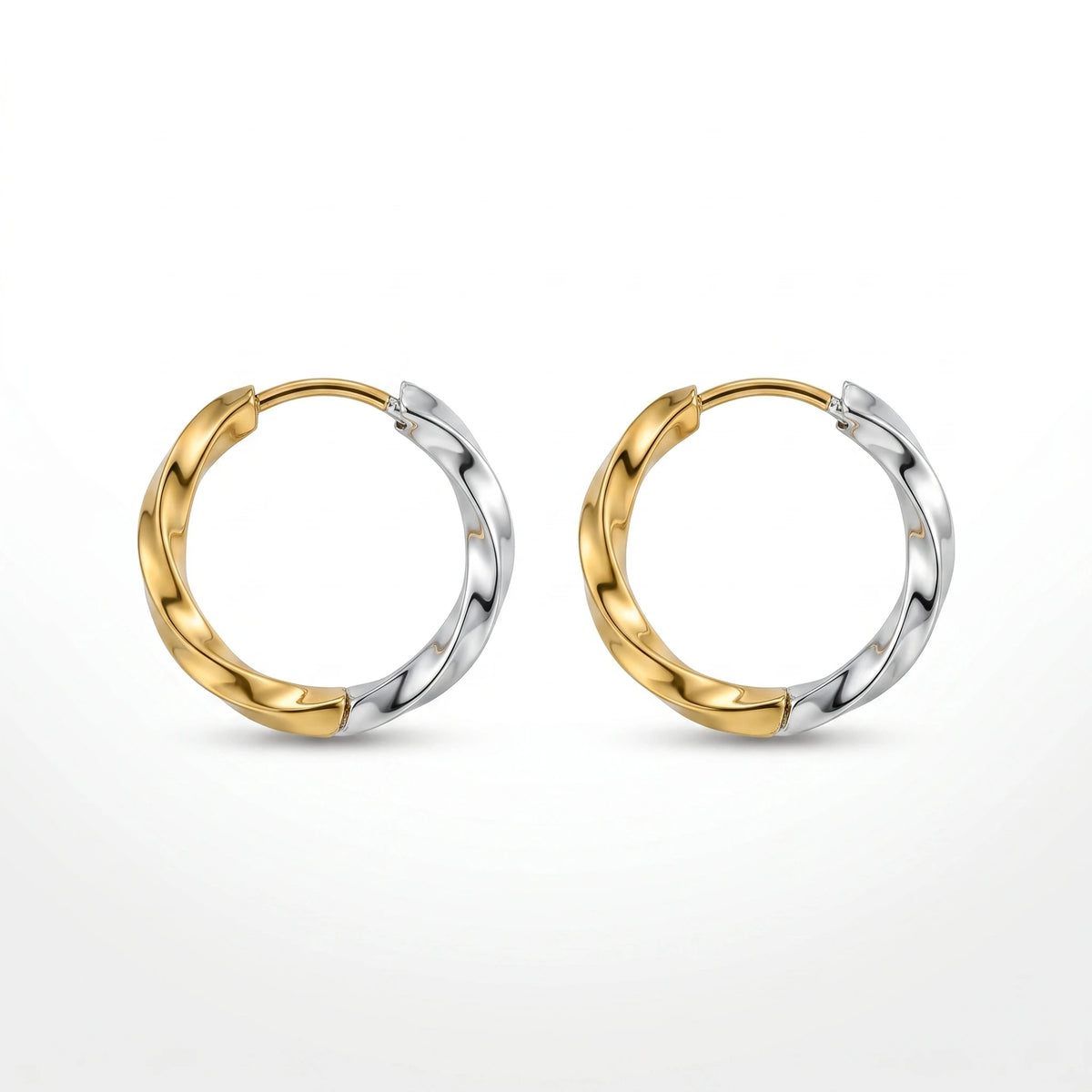 QIAOREN 12755 Stainless Steel Two Tone Twisted Hoop Earrings Silver Gold Mixed Metal Small Huggie Ear Jewelry for Women