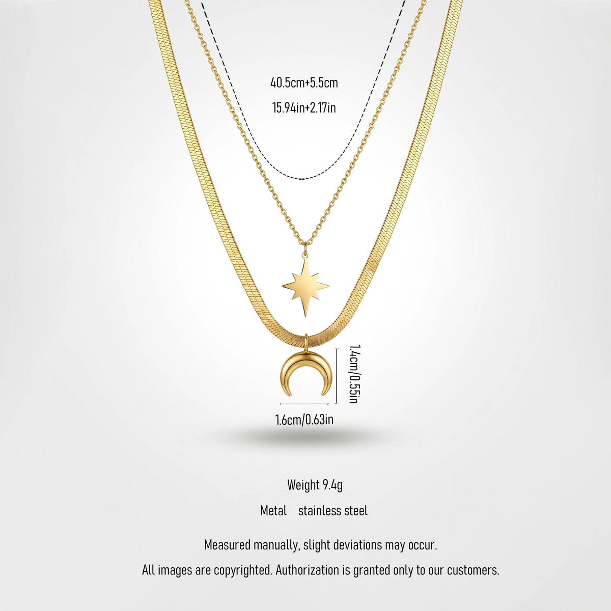 QIAOREN 13508 Two Layer Star & Crescent Moon Pendant Necklace with Flat Snake & Thin Cable Mixed Chain, Dainty Gold Necklace