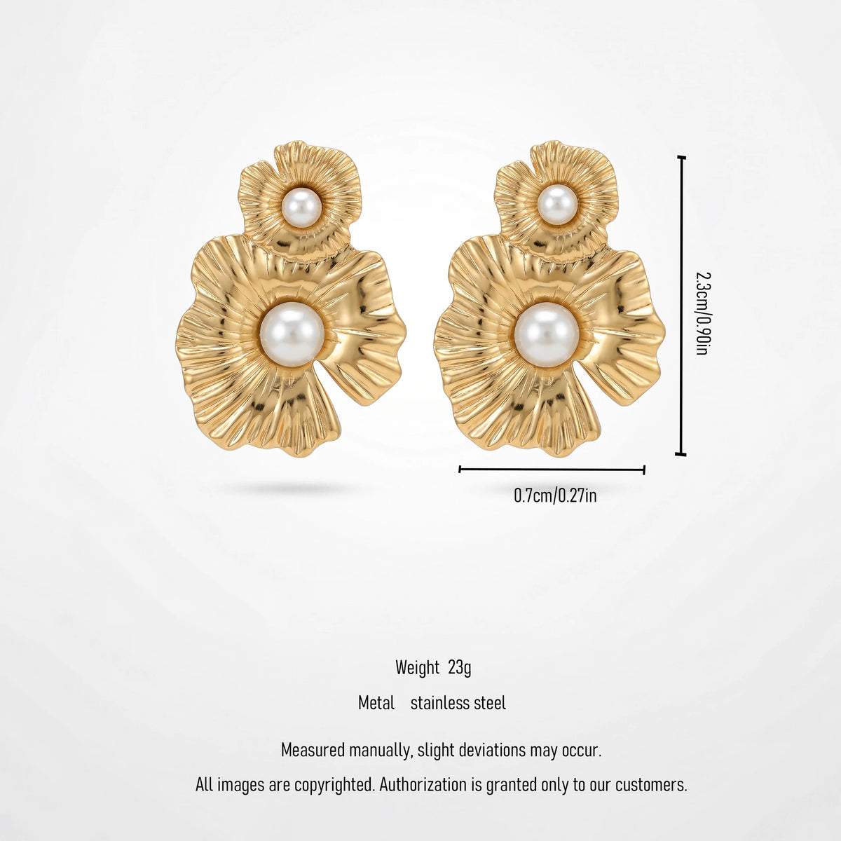QIAOREN 12428 Elegant Quiet Luxury Fluted Petal Flower Pearl Drop Earrings Gold Stainless Steel 3D Botanical Statement Jewelry