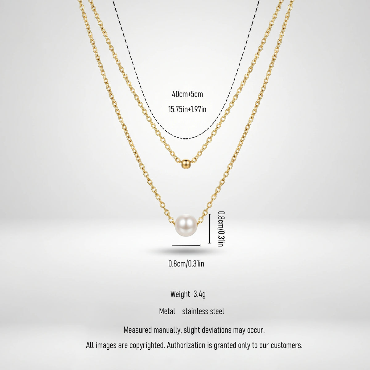 QIAOREN 11237 18K Gold Plated Layered Pearl and Gold Ball Pendant Necklace Stainless Steel Tarnish Free Waterproof Jewelry