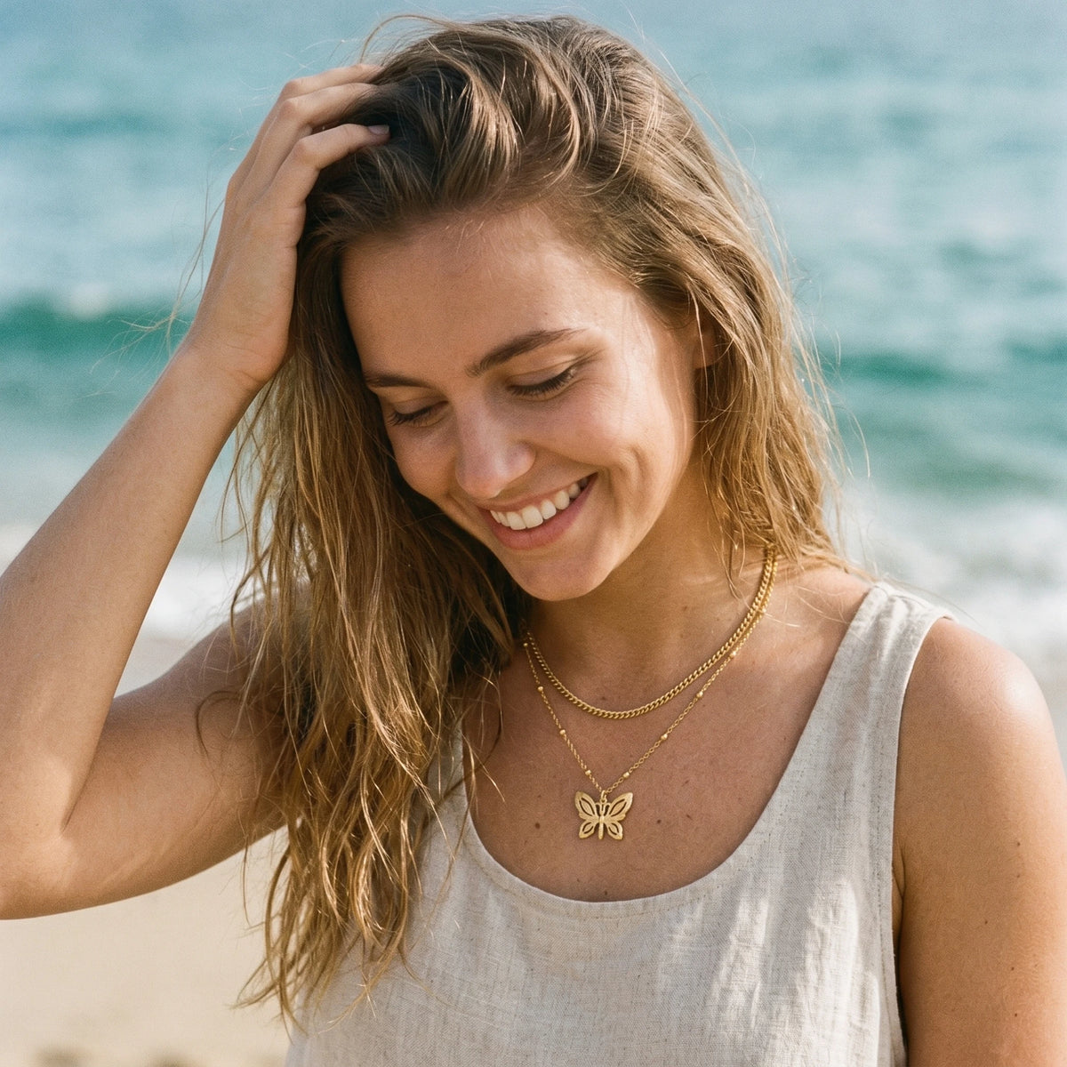 QIAOREN 11638 Waterproof 18K Gold Plated Stainless Steel Trendy Layered Necklace Matte Hollow Butterfly Pendant for Women Gift