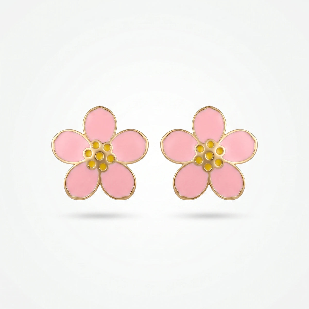 QIAOREN 7782 Gold Tone Pink Enamel Five Petal Flower Stud Earrings Yellow Dot Stamen Floral Pin Studs Sweet Fresh Girly Style
