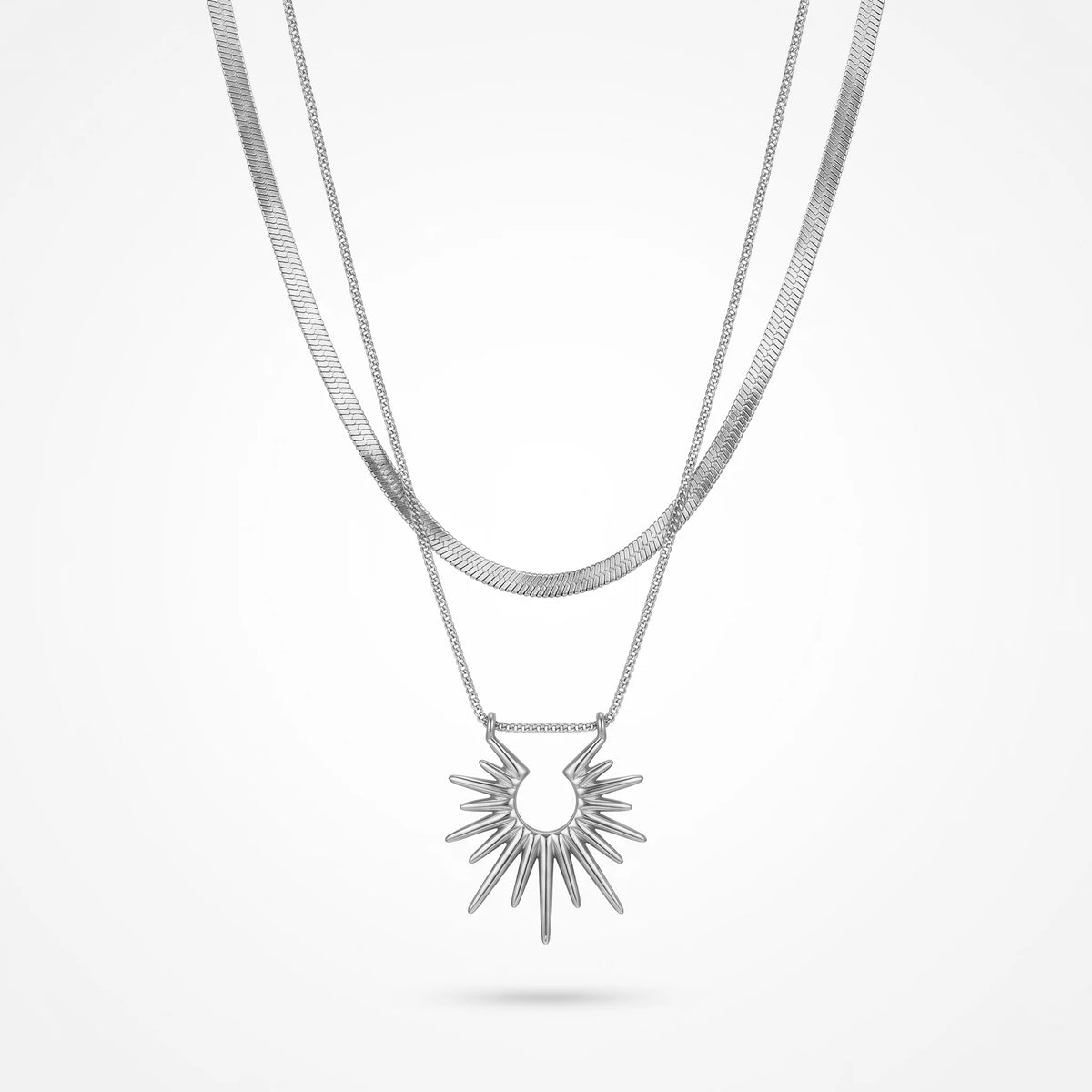 QIAOREN 13528 Two Layer Hollow Sunburst Pendant Stack Necklace with Flat Snake & Thin Cable Mixed Chain, Textured Radiant Sun