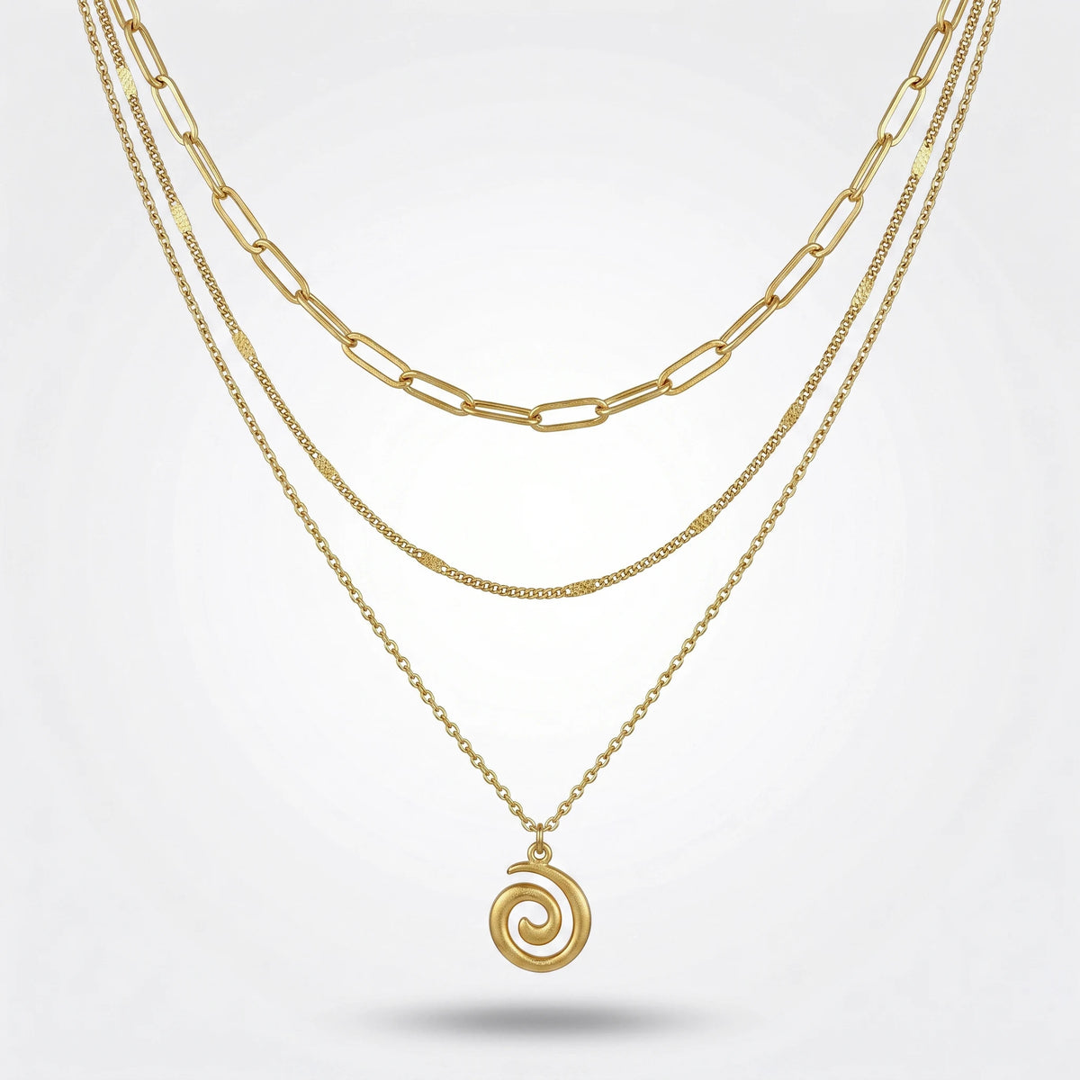 QIAOREN 10651 Bohemian Spiral Pendant Layered Link Chain Necklace 18K Gold Plated Stainless Steel Statement Everyday Wear