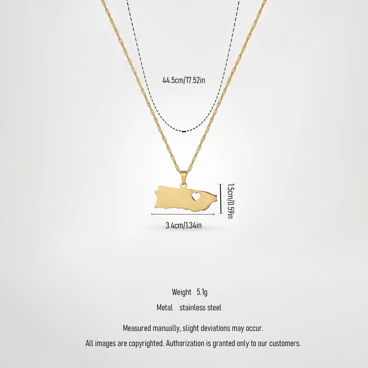 QIAOREN 12870 18KGoldPlated Puerto RicoMap Necklace StainlessSteel Island Heart Pendant Waterproof Tarnish Free Heritage Jewelry