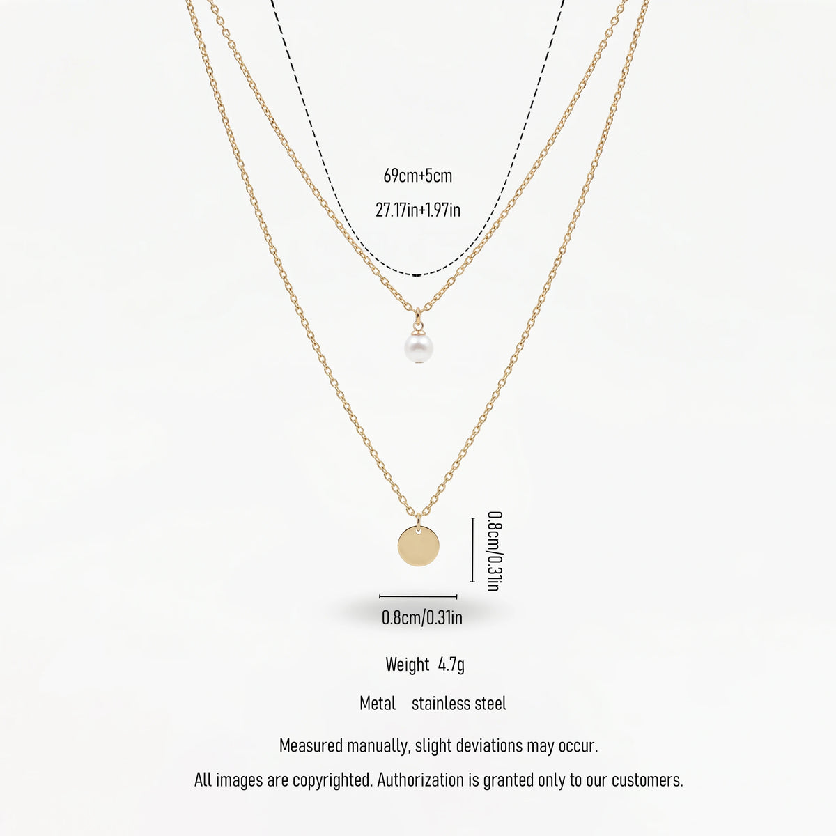 QIAOREN 11243 18K Gold Plated Layered Pearl and Disc Pendant Necklace Stainless Steel Tarnish Free Waterproof Jewelry