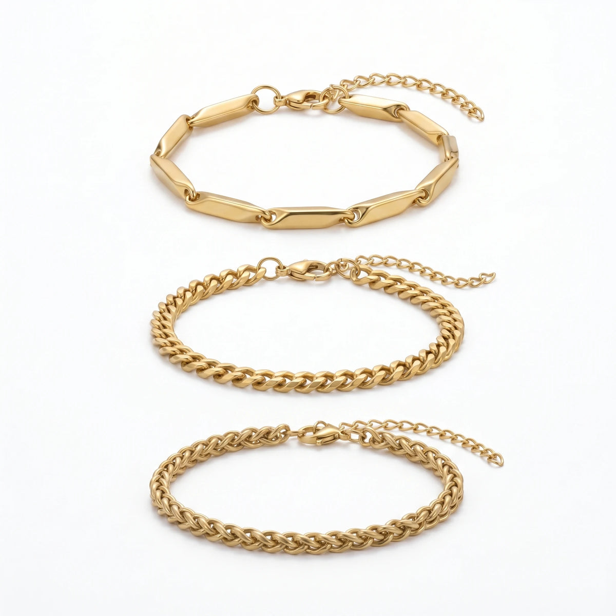 QIAOREN 11507 18K Gold Plated 3pcs Bracelet Set Elongated Paperclip Cuban Rope Chain Stainless Steel