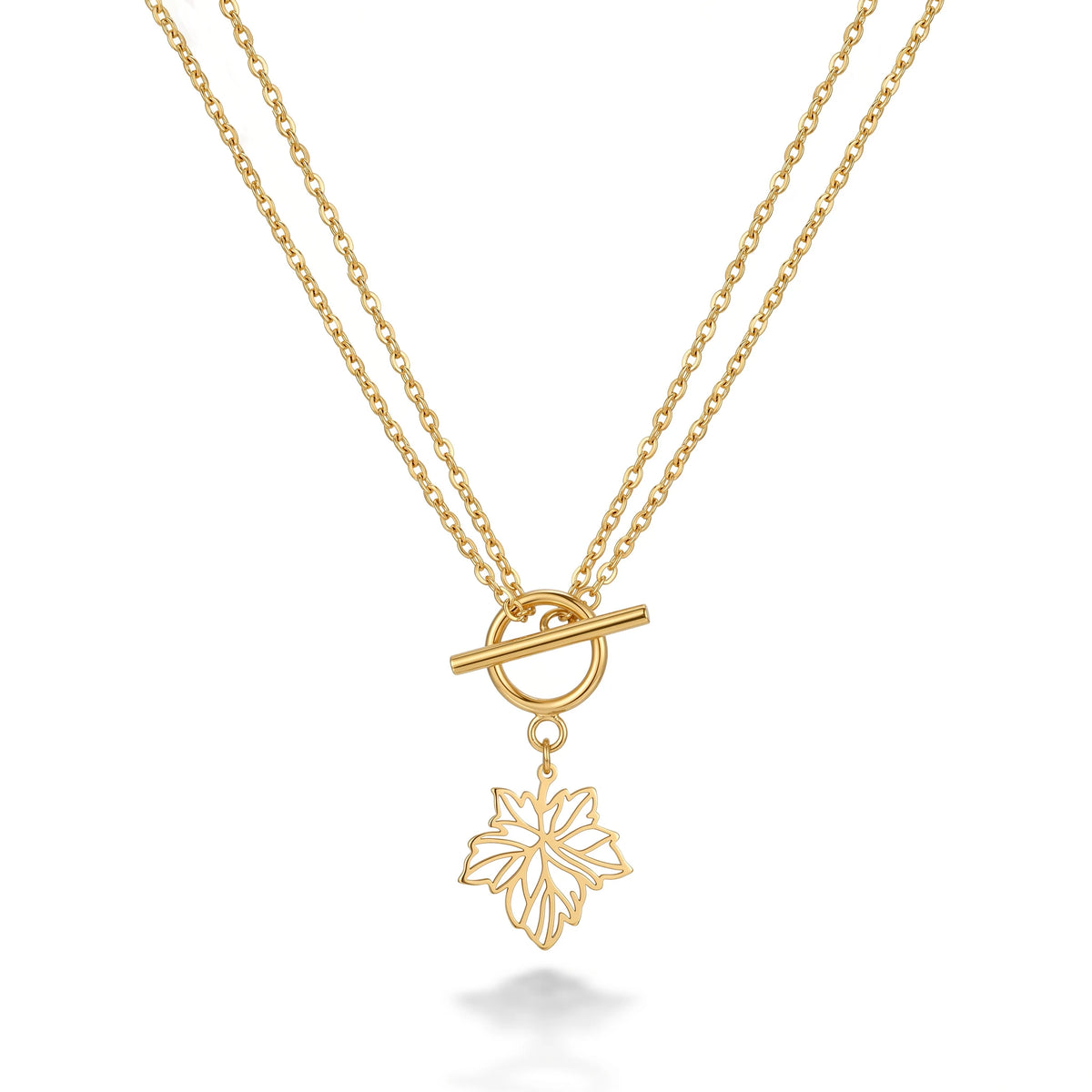 QIANREN 11975 Europe Hot Selling Hypoallergenic Stainless Steel OT Toggle Necklace Openwork Maple Leaf Pendant  Chain Necklaces