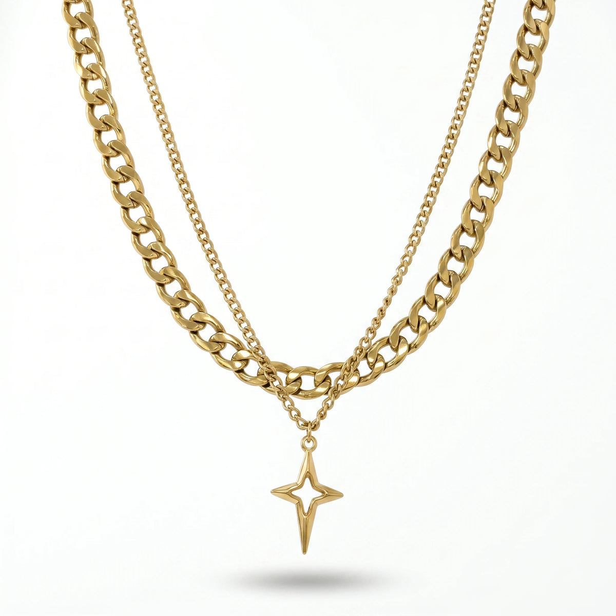 QIAOREN 11314 Edgy Layered Chunky Chain Hollow Star Pendant Necklace 18K Gold Plated Stainless Steel Waterproof Jewelry