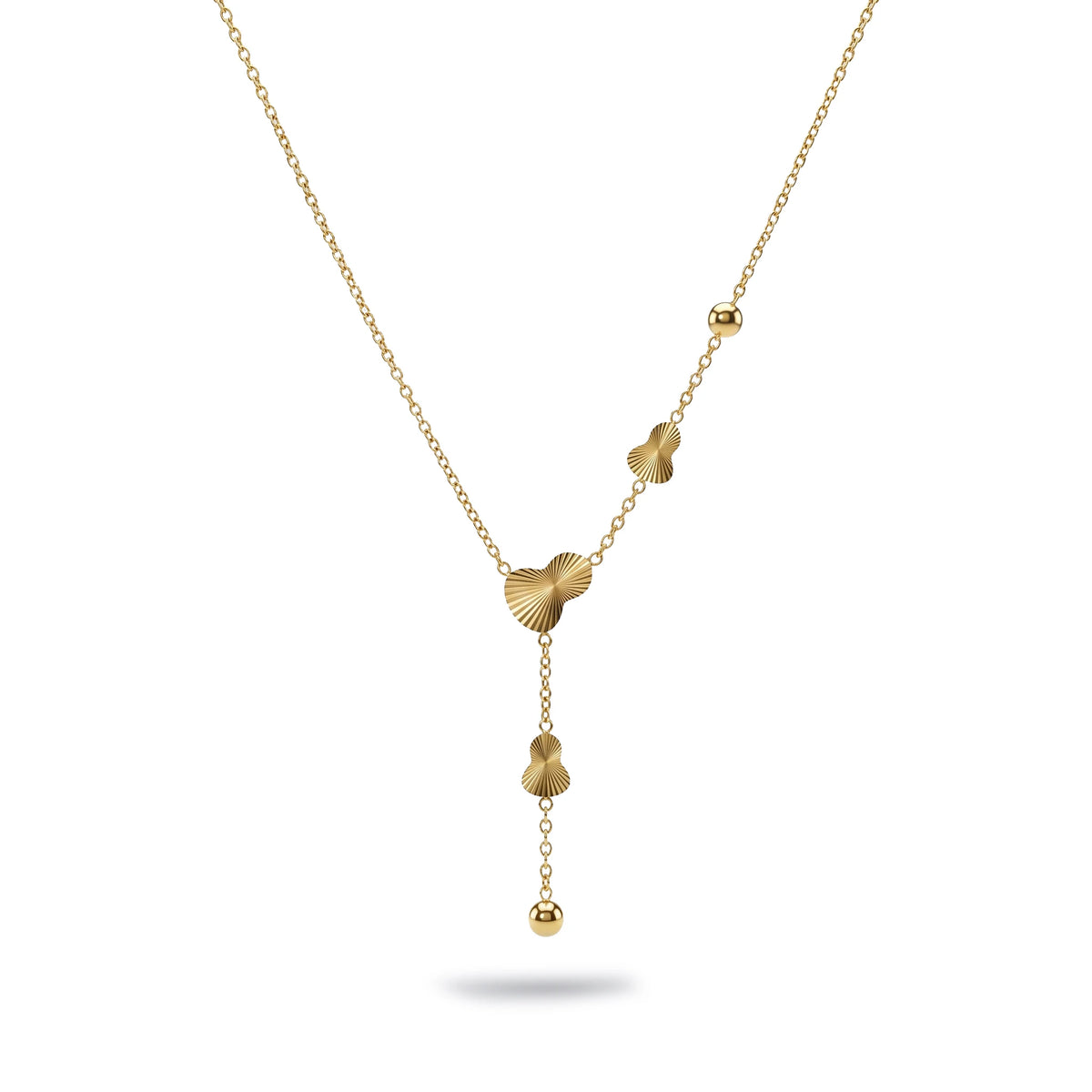 QIAOREN 13982 Thin Oval Link Y Drop Lariat Necklace with Textured Ginkgo Leaf Charms & Sliding Round Ball Pendant