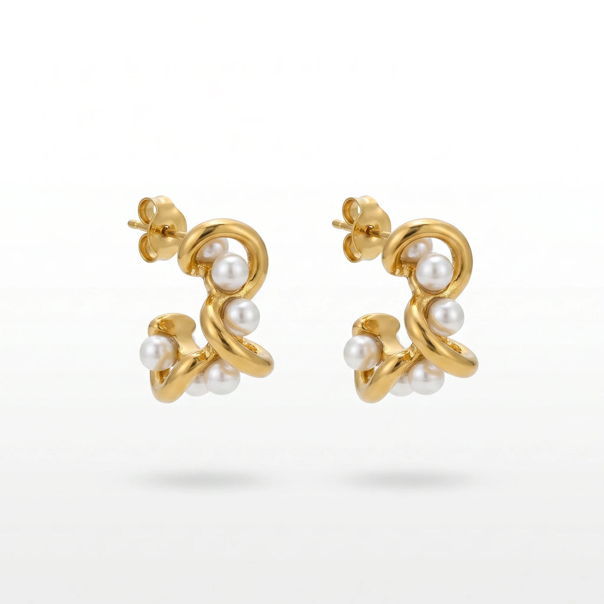 QIAOREN 12513  Twisted Pearl Hoop Earrings Gold Stainless Steel Spiral Entwined C Studs Statement Jewelry Women US