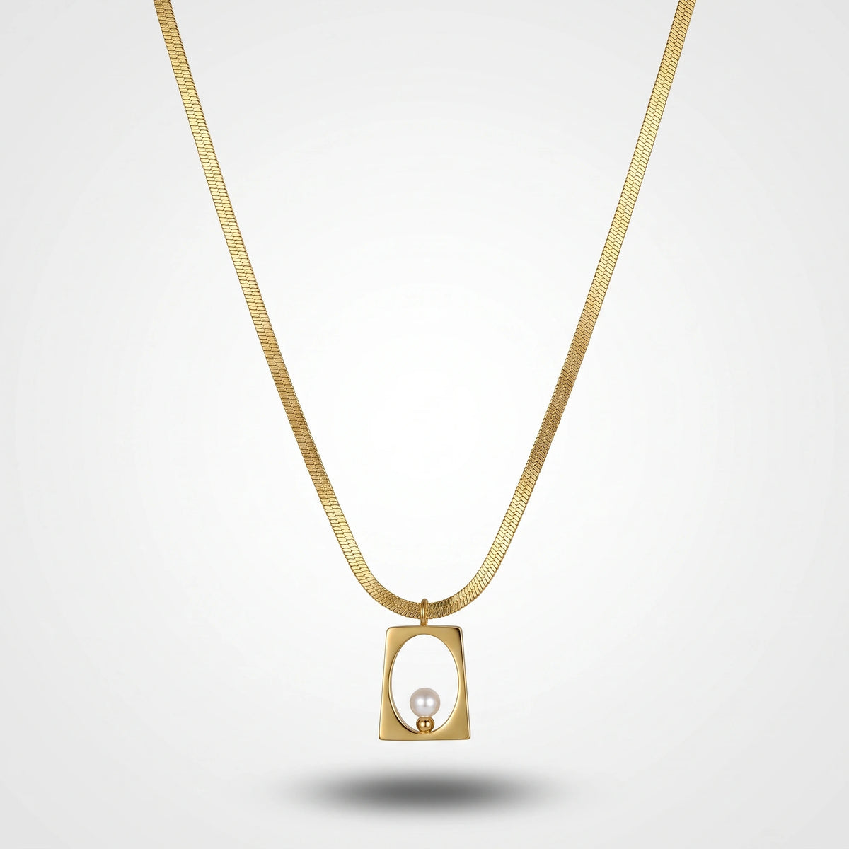 QIAOREN 13807 Thin Flat Herringbone Snake Chain Pendant Necklace with Hollow Rounded Square Frame Charm Single White Pearl