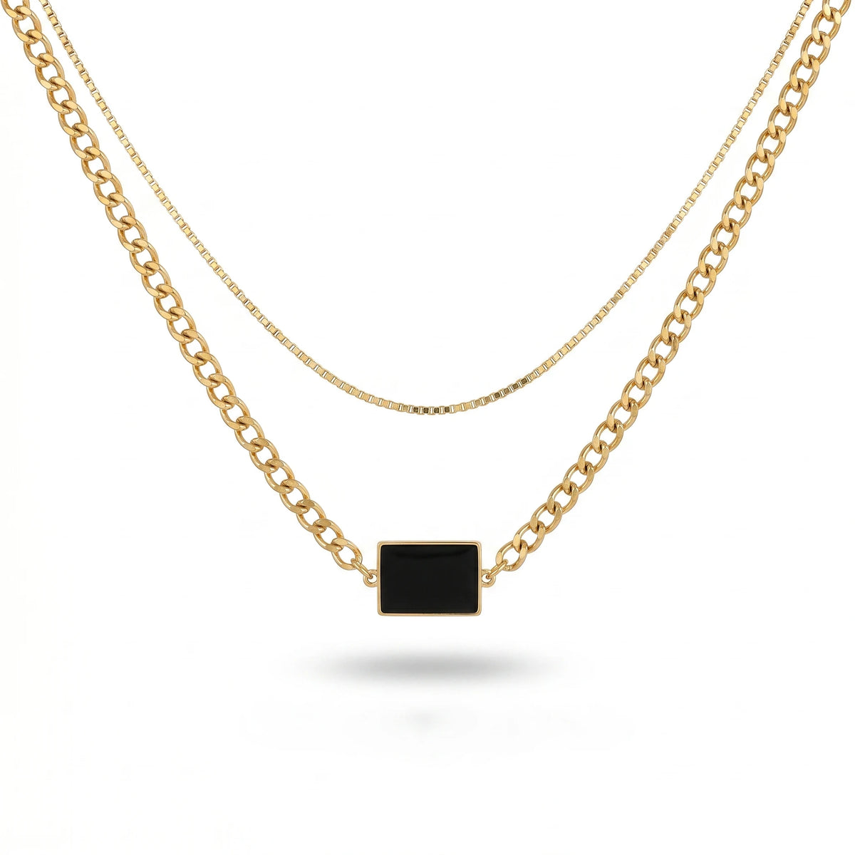 QIAOREN 11778 Minimalist Dual Layer Black Rectangular Pendant Necklace Gold Stainless Steel Curb Box Chain Jewelry for Western
