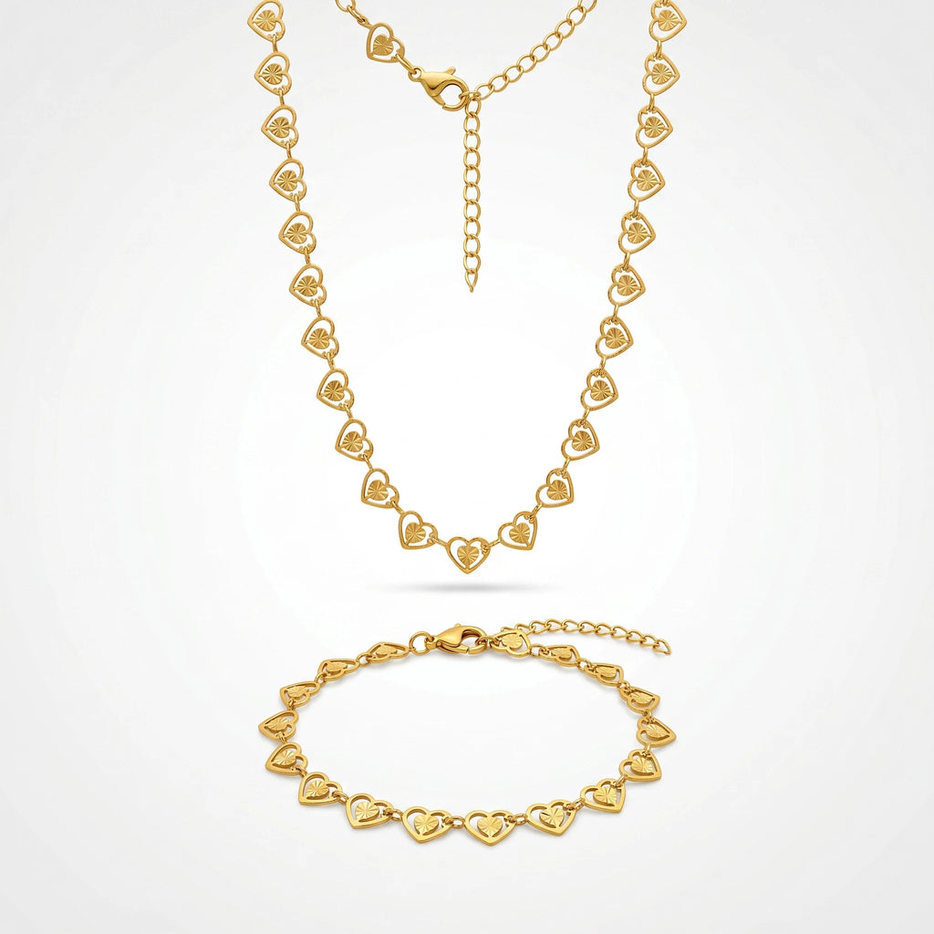 QIAOREN Minimalist Textured Hollow Heart Gold Plated Stainless Steel Necklace & Bracelet Set for Women Daily Wear Jewelry