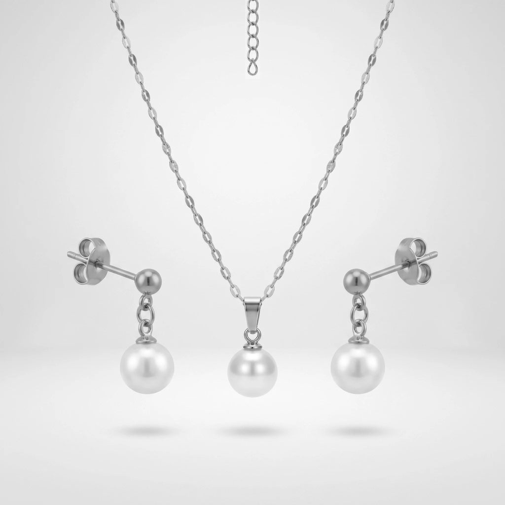 QIAOREN 11077 Contemporary Pearl Jewelry Set Stainless Steel Gold Pendant Necklace Elegant Gift for Women