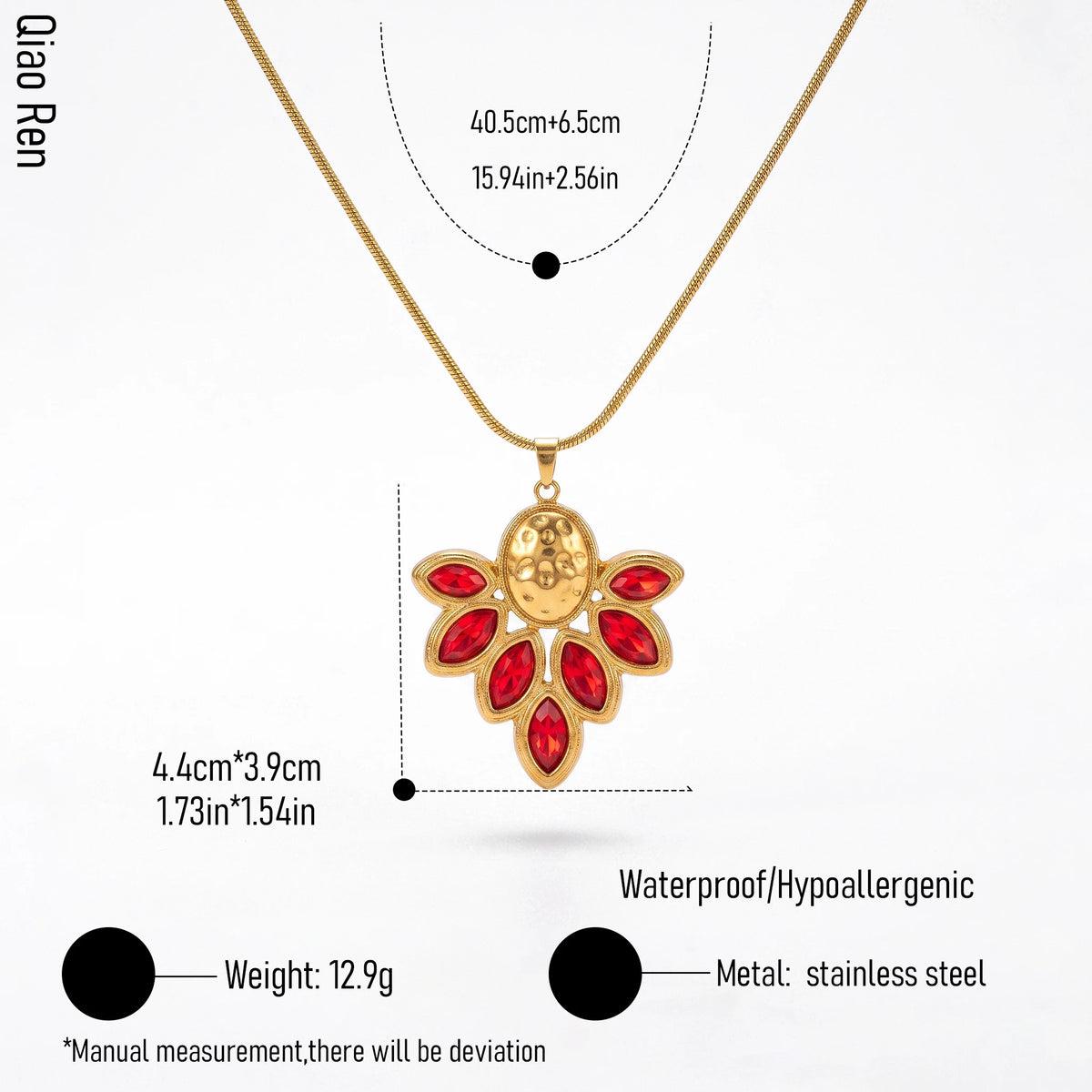 QIAOREN 14387 Vintage Ornate Red Marquise Crystal Pendant Snake Chain Necklace, Stainless Steel Statement Jewelry Gift