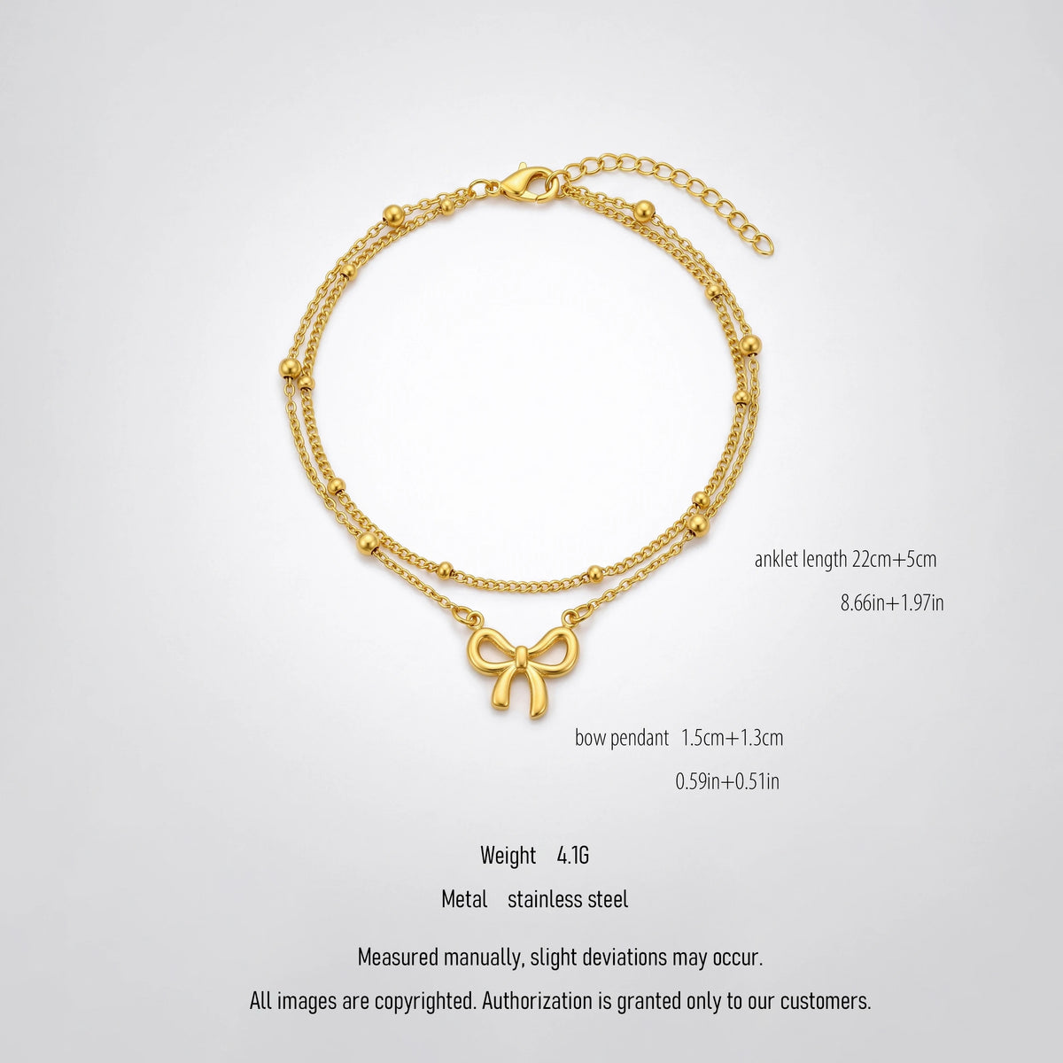 QIAOREN 10643 Summer Beach Butterfly Bow Anklet for Women Stainless Steel 18K Gold Plated Double Layered Beaded Chain Trendy