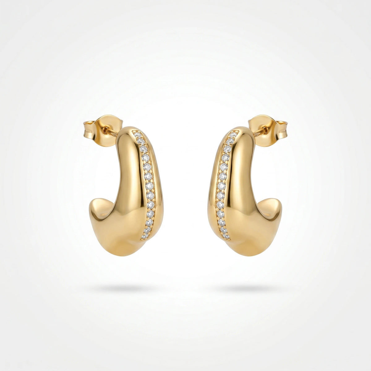 QIAOREN 12514 Bold Puffy C Hoop Earrings Gold Stainless Steel Pave Zircon Stripe Chunky Studs Jewelry US EU