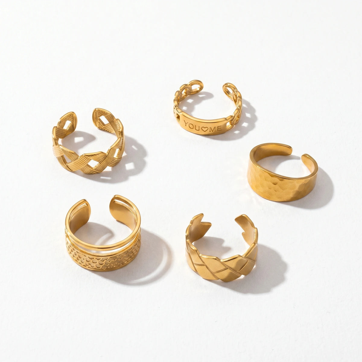 QIAOREN 10706 18K Gold Stainless Steel Adjustable Open Rings Braided Hammer Engraved Stackable Jewelry for Women